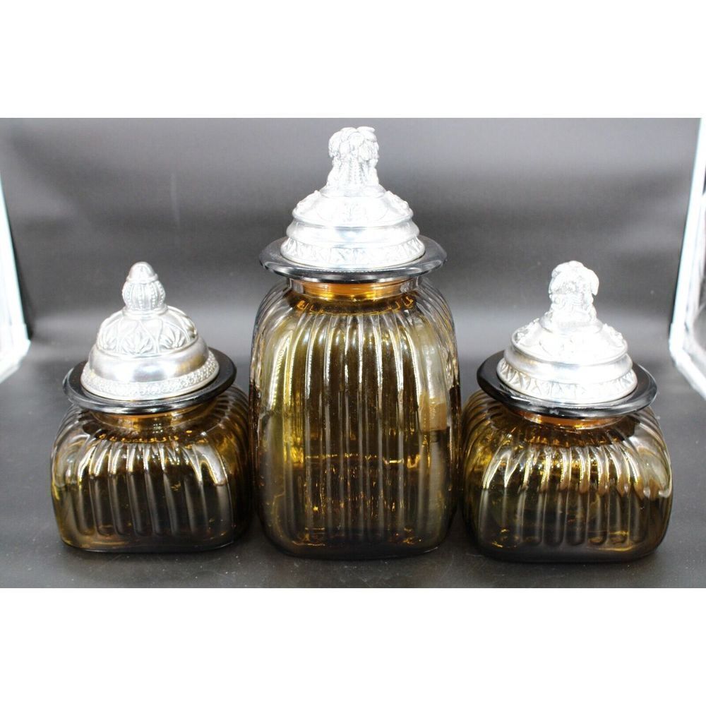 Vintage Artland Amber Glass Canister Set With Pewter Lids (3) Gorgeous!